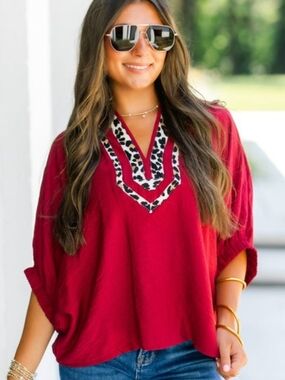 entro Red V-Neck Tunic with Leopard-Trim Detailing